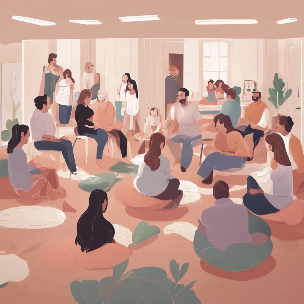 Illustration of parents and babies gathered in a bright wellness room