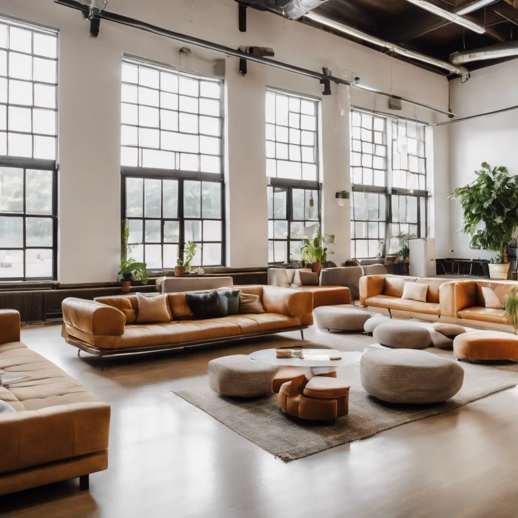 Open community space at The Womb with soft couches, rugs and tall windows